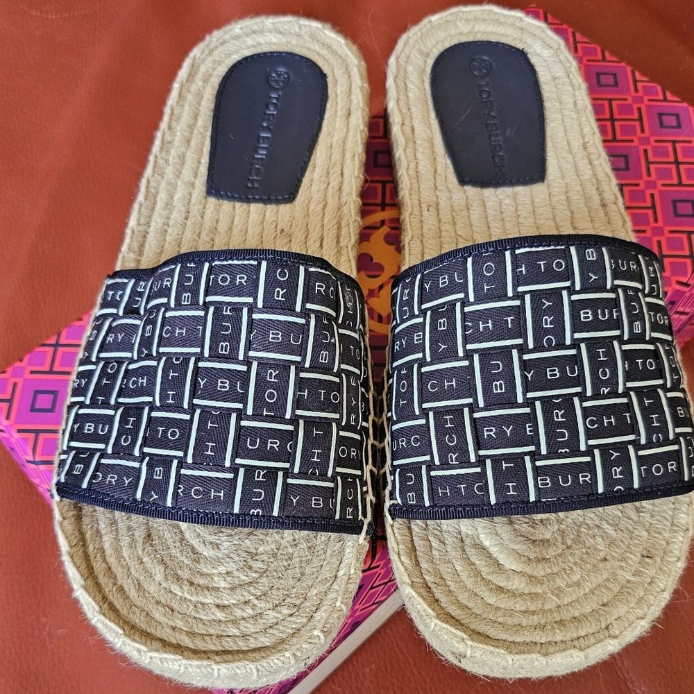 NIB Tory Burch Ribbon Espadrille Slide Herringbone Size 9
